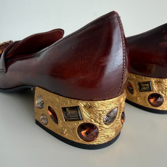 Prada Penny Loafers Shoes Womens 35.5 EU Leather Embellished Heeled Fur Tasseled - Picture 9 of 16